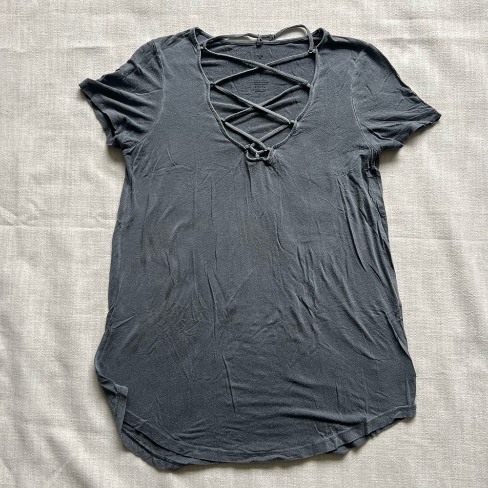 Gray Crisscross V-Neck Women's Top